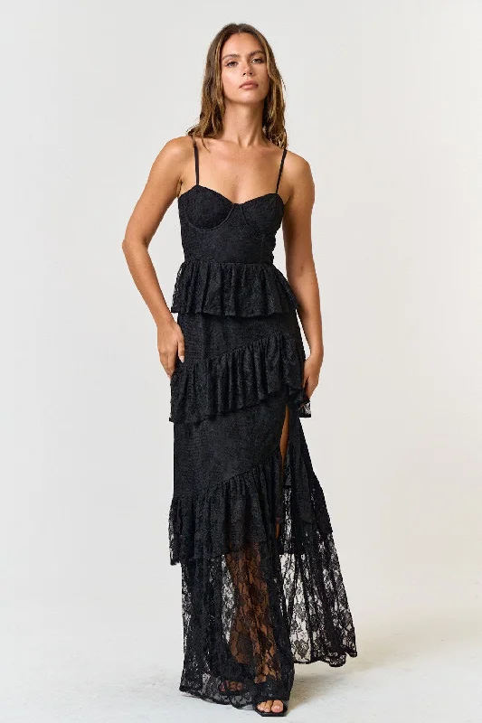 Black Bustier Lace Tiered Ruffled Maxi Dress Comfortable Bohemian Maxi Dress