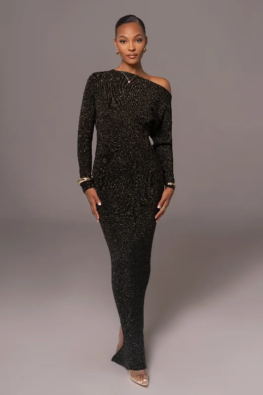 Black Night Shimmers Asymmetrical Maxi Dress Casual Maxi Dress with Pockets