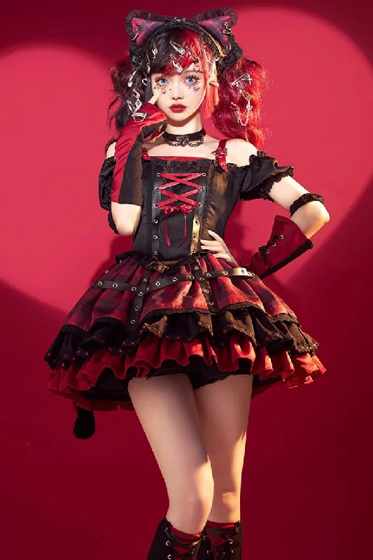Black/Red Print Ruffle Lace-Up Gothic Japanese Princess Lolita JSK Dress