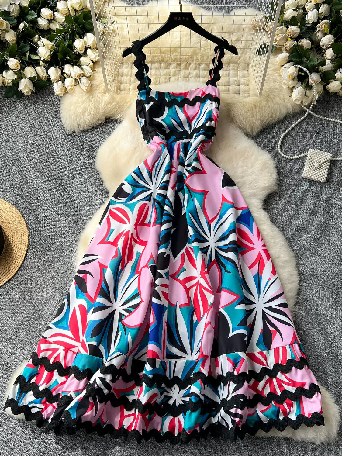 Black Ruffle Straps Vibrant Tropical Print Maxi Dress Stylish V-Neck Maxi Dress