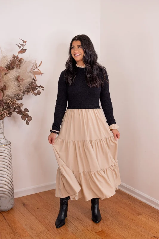Black Sweater Layered Maxi Dress Stylish Empire Waist Maxi Dress