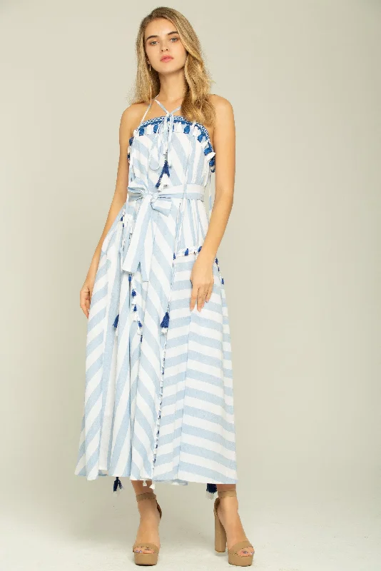 Blue and White Asymmetrical Stripes Maxi Dress Elegant Tiered Maxi Dress