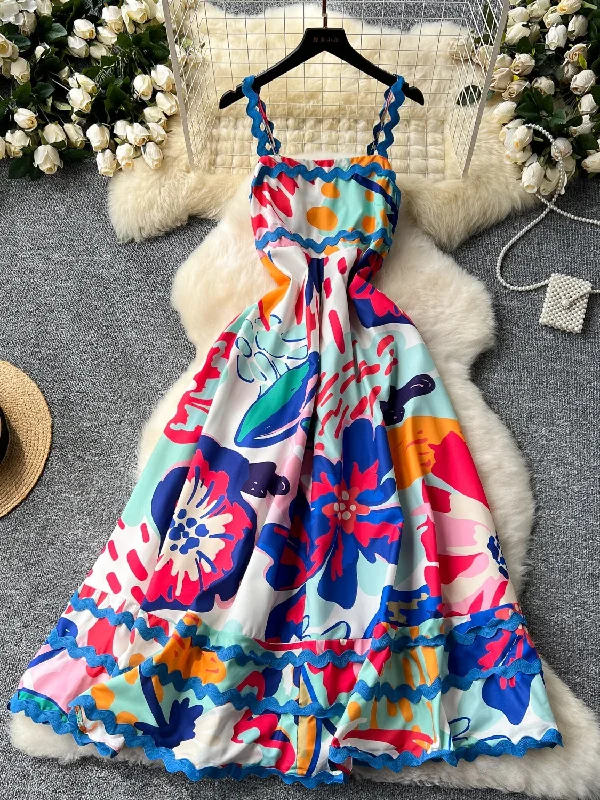 Blue Ruffle Straps  Floral Print Maxi Dress Classic Tulle Maxi Dress