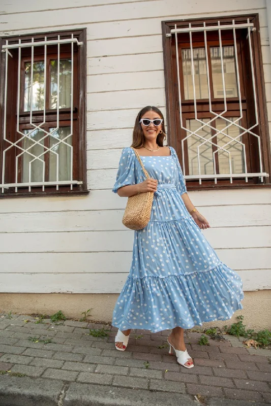 Blue Square Collar Polka Dot Dress