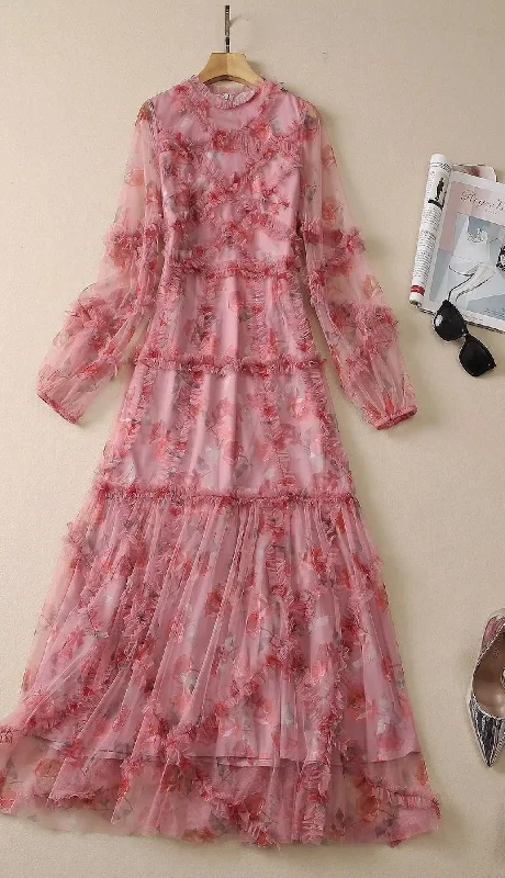 Bohemian Floral Print Mesh Maxi Dress Comfortable Bohemian Maxi Dress
