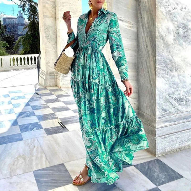 UNIBLU Boho Style Print with Collar Buttons Long Length Beach Cruise Dress