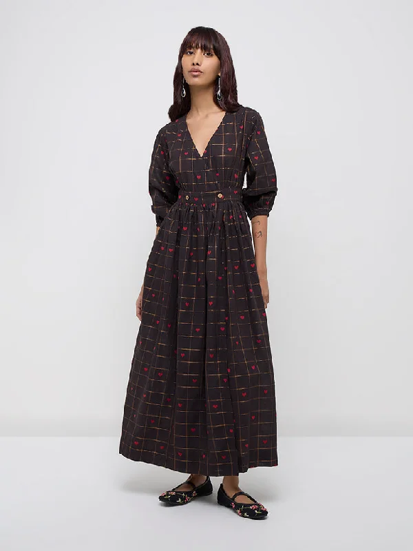 Bombay Paisley Black Checkered Cotton Blend A-Line Dress