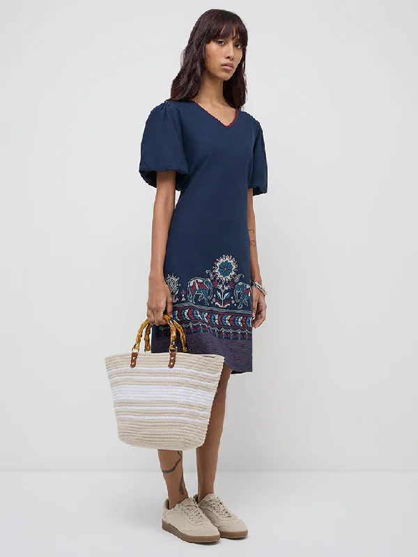 Bombay Paisley Navy Animal Design Cotton Blend A-Line Dress
