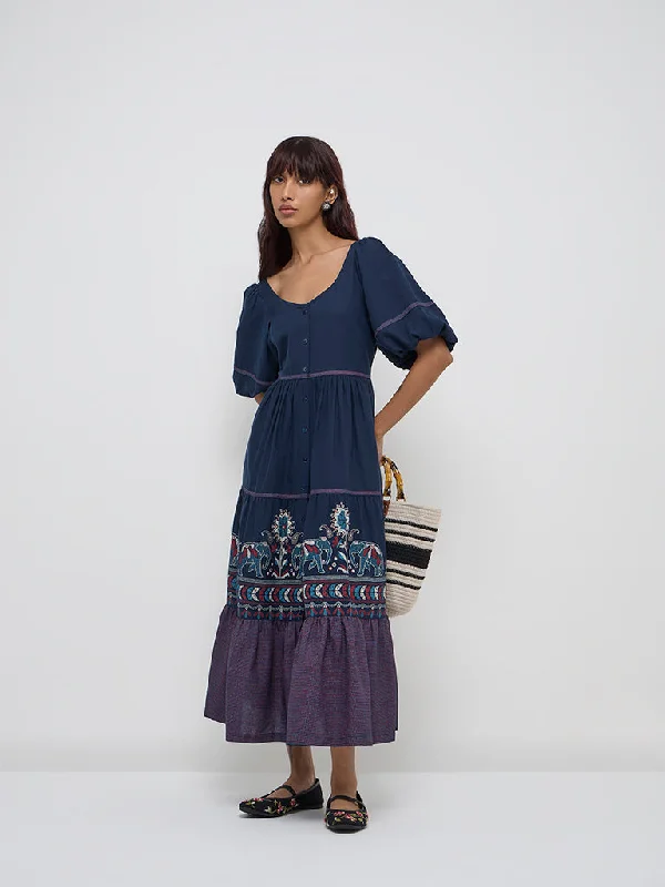Bombay Paisley Navy Geometric Cotton Blend Drop-Waist Dress