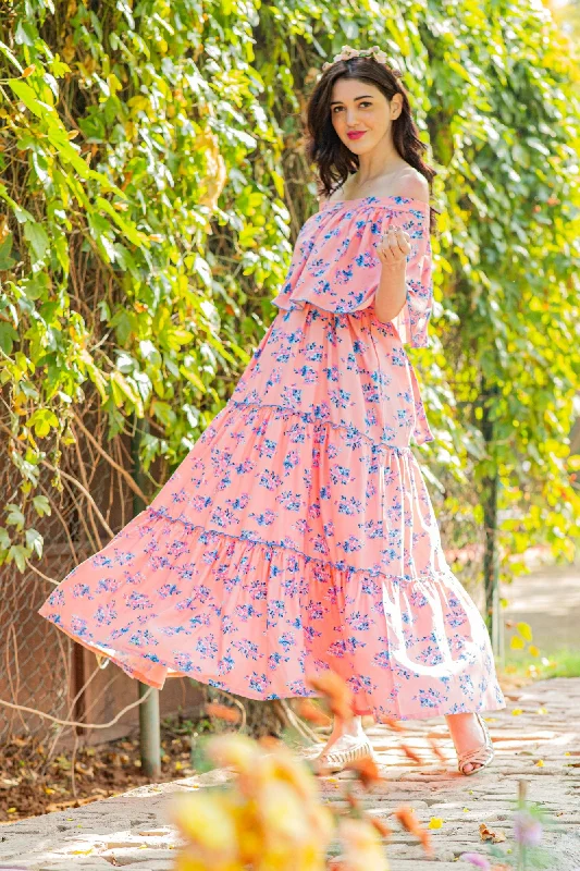 Botanical Pink Off-Shoulder Maternity Maxi Dress Stylish Boho Chic Maxi Dress