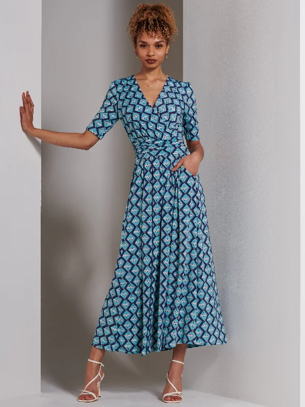 Bree Half Sleeve Jersey Maxi Dress, Green Geo Comfortable Maxi Dress with Sleeves