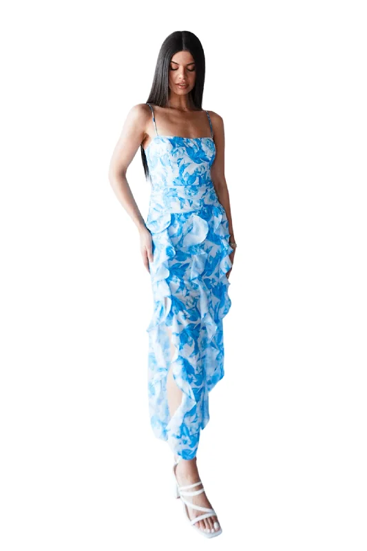 Cassidy Floral Maxi Dress - Blue Elegant Maxi Dress with Belt