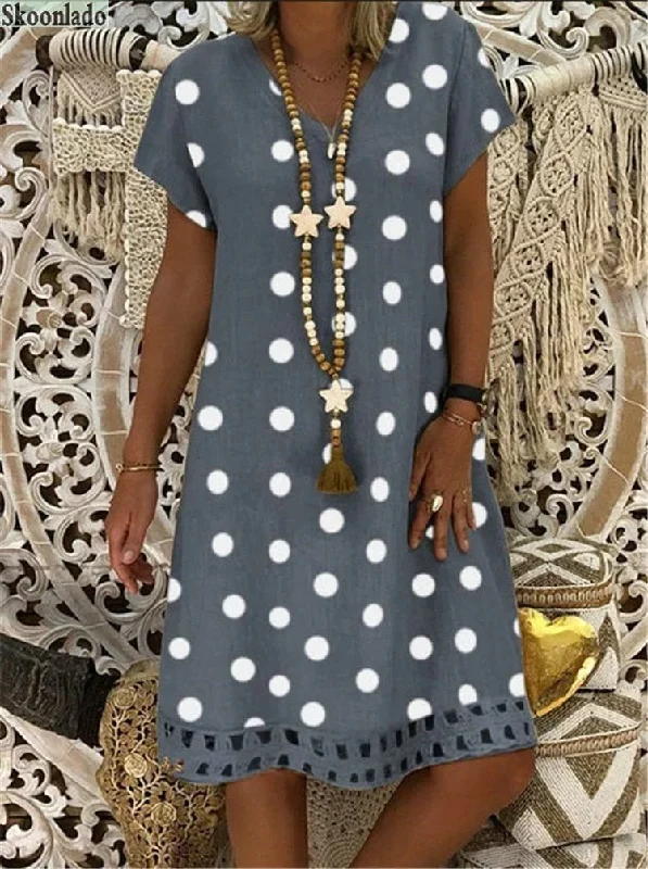SKOONLADO Sassy Polka Dot Print Cotton Linen Pull-Over Knee Length Dress