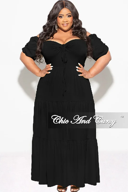 Final Sale Plus Size Short Sleeve Tiered Maxi Dress in Black Fashionable Button-Down Maxi Dress