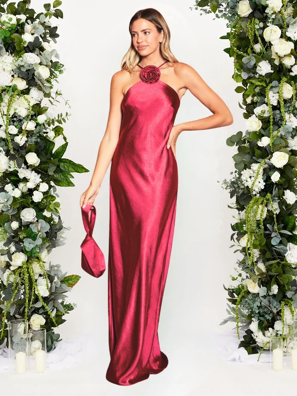Corsage Detail Satin Maxi Dress / Claret Comfortable Satin Maxi Dress