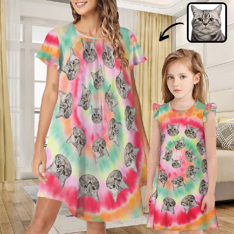 Custom Face Nightdress Pajamas Personalized Colorful Nightgown For Women&Little Girl