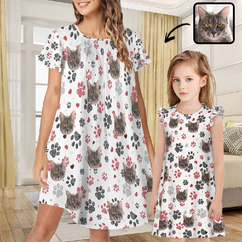 Custom Pet Face Nightdress Pajamas Personalized Paw Nightgown For Women&Little Girl