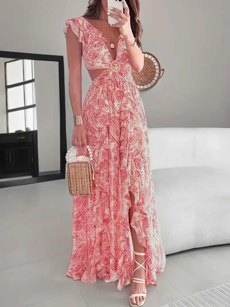 Cut-Out Waist Design Elegant Floral Maxi Dress Fashionable Sheer Maxi Dress
