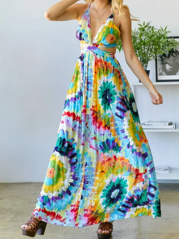 Colorful Floral Print Tie-Dye  Maxi Dress Fashionable Halter Neck Maxi Dress