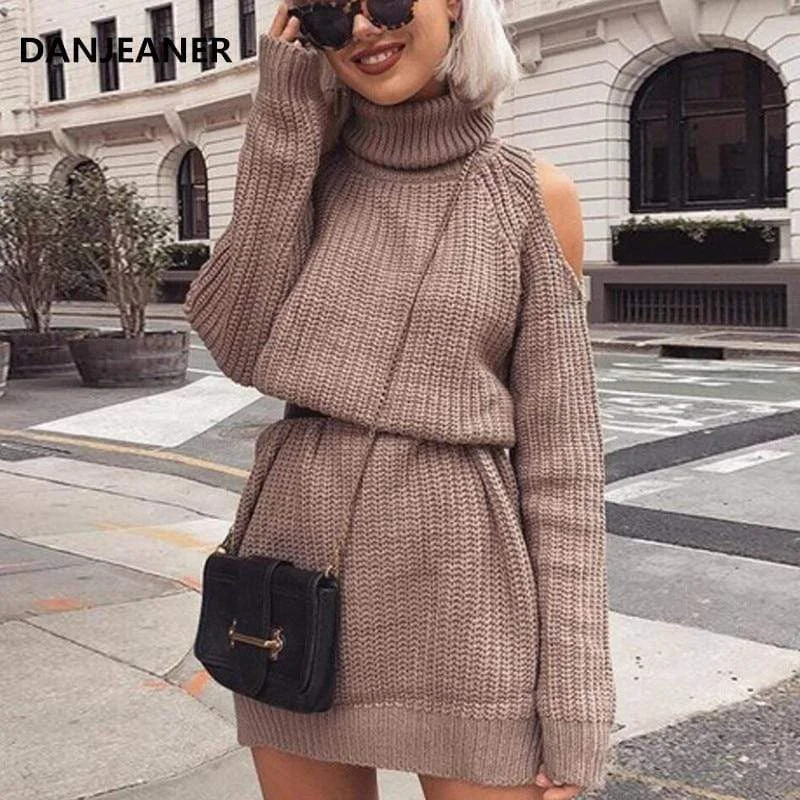Turtleneck Knitted Sweater Dress Women Solid Slim Long Pullovers
