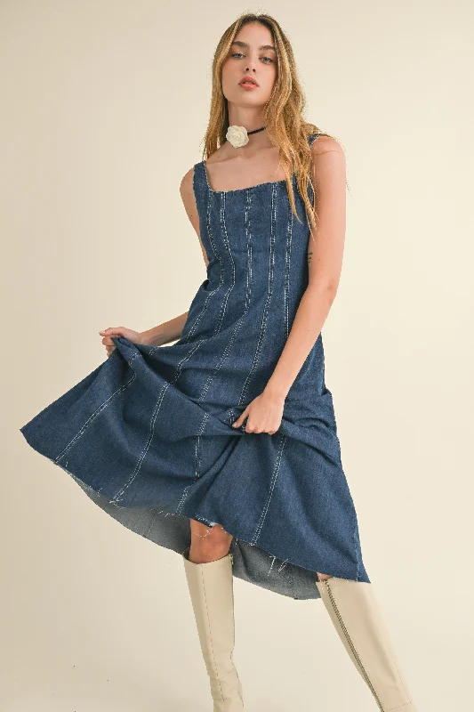 Dark Wash Denim Paneled Maxi Dress Comfortable Ruffle Maxi Dress