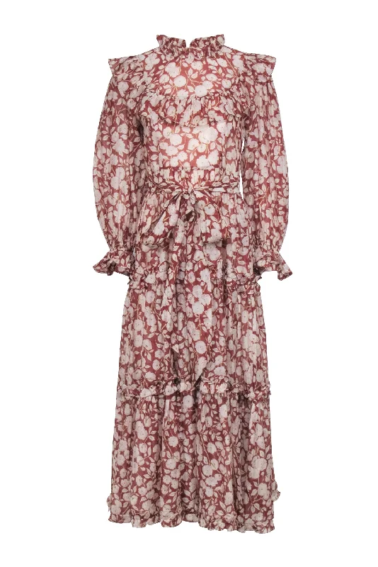 Doen - Rust Red & Cream Floral Print Long Sleeve Maxi Dress Sz M Fashionable High-Low Maxi Dress Doen - Rust Red & Cream Floral Print Long Sleeve Maxi Dress Sz M Fashionable High-Low Maxi Dress