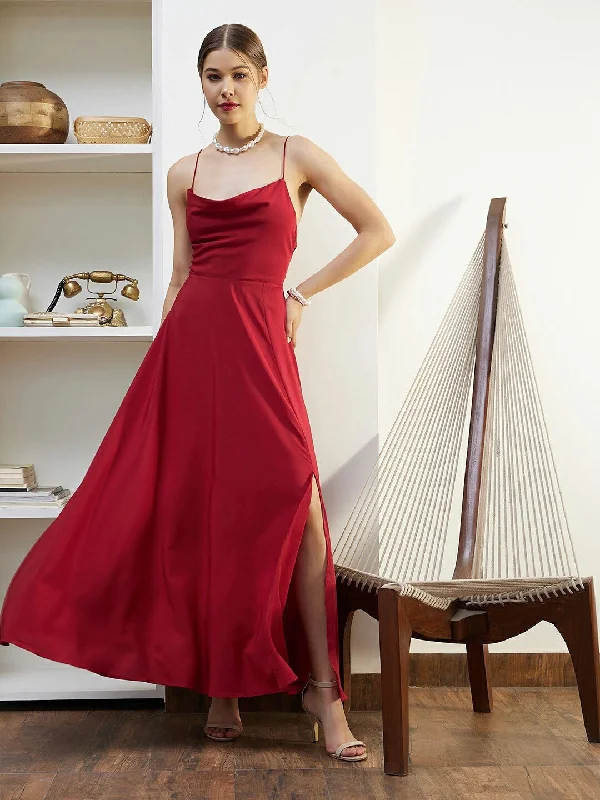 Berrylush Women Solid Red Cowl Neck Sleeveless Lace-Up Backless Flared Maxi Dress Fashionable Chiffon Tiered Maxi Dress Berrylush Women Solid Red Cowl Neck Sleeveless Lace-Up Backless Flared Maxi Dress Fashionable Chiffon Tiered Maxi Dress