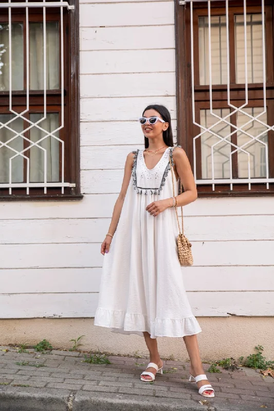 Ecru Front Tassel Linen Dress