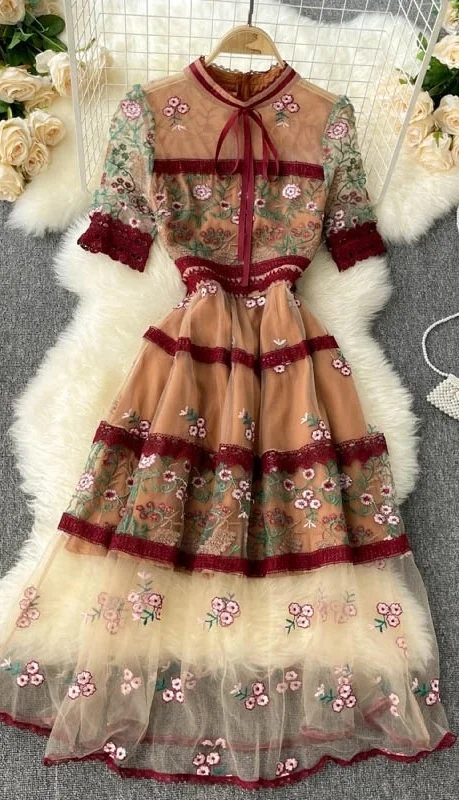Elegant See Through Long Lantern Sleeve Mesh Dress, Flower Embroidery Lace High Waist Bohemian Maxi Dress Comfortable T-Shirt Maxi Dress Elegant See Through Long Lantern Sleeve Mesh Dress, Flower Embroidery Lace High Waist Bohemian Maxi Dress Comfortable T-Shirt Maxi Dress