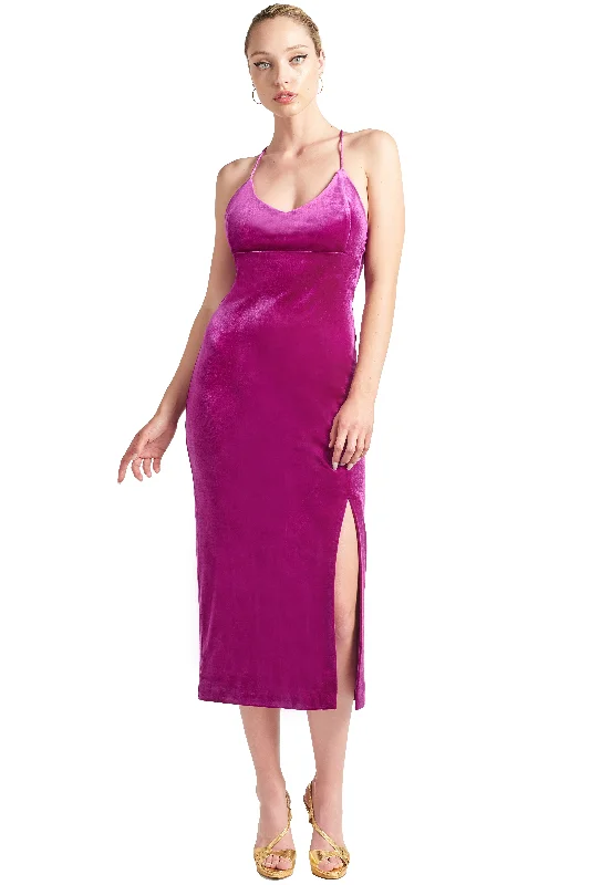 Elle Dress - Velvet slip dress with scooped back and thigh high slit (magenta)