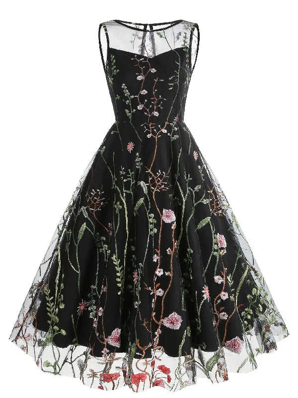 Embroidery Mesh Floral Print Vintage Sleeveless Ruffle Hem Maxi Dress Fashionable Layered Maxi Dress Embroidery Mesh Floral Print Vintage Sleeveless Ruffle Hem Maxi Dress Fashionable Layered Maxi Dress