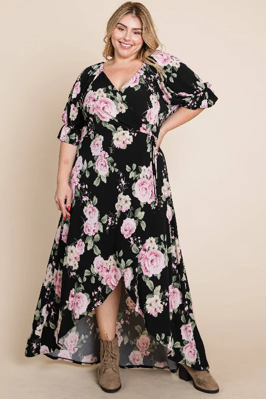 Plus Floral Faux Wrap High Low Maxi Dress Cozy Knitted Maxi Dress