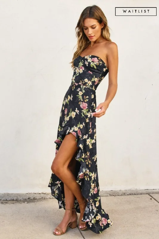 Waitlist 2/5 ♥ Emmy Sleeveless Floral Print Asymmetrical Hem Maxi Dress Black Comfortable Plunging Neckline Maxi Dress Waitlist 2/5 ♥ Emmy Sleeveless Floral Print Asymmetrical Hem Maxi Dress Black Comfortable Plunging Neckline Maxi Dress