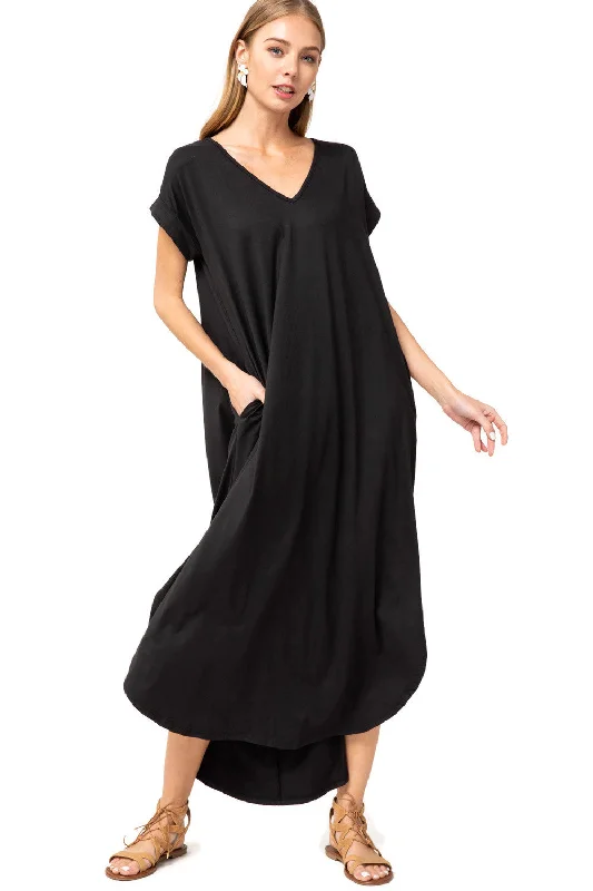 Everyday Pocket Maxi Dress, Black Stylish A-Line Maxi Dress