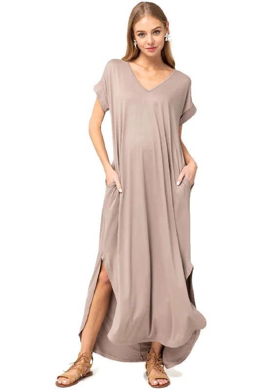Everyday Pocket Maxi Dress, Shitake Comfortable Pleated Maxi Dress