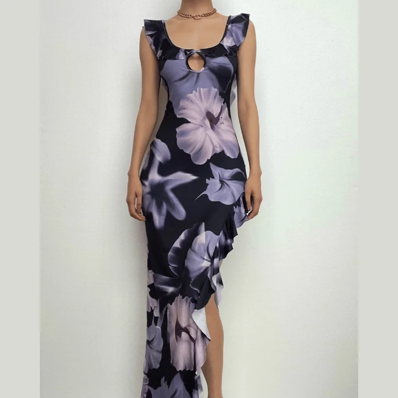 Flower print contrast ruffle irregular slit backless cap sleeve maxi dress Cozy Wrap Maxi Dress Flower print contrast ruffle irregular slit backless cap sleeve maxi dress Cozy Wrap Maxi Dress
