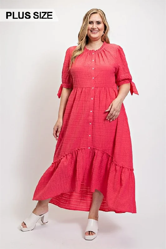 Solid Textured Button Down And Hi - Low Hem Maxi Dress With Tie Sleeve And Slip Dress Stylish V-Neck Maxi Dress Solid Textured Button Down And Hi - Low Hem Maxi Dress With Tie Sleeve And Slip Dress Stylish V-Neck Maxi Dress
