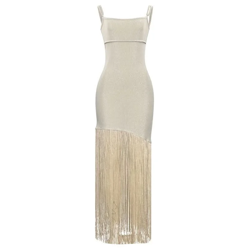 Glitter square neck tassels cami maxi dress Stylish Maxi Dress with Frills