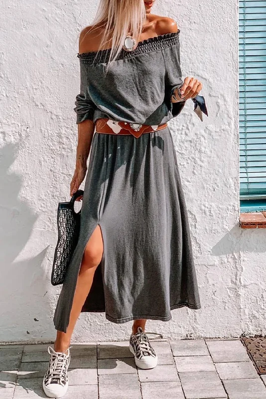 Gray Off Shoulder Maxi Dress with Split Chic Sleeveless Maxi Dress