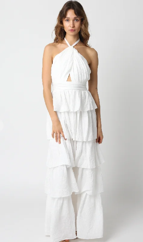 Halter Ruffle Tier Maxi Dress White Comfortable Flowy Maxi Dress
