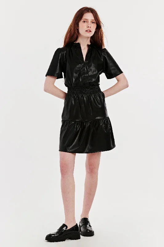 HEIDI SMOCK WAIST DRESS BLACK VEGAN LEATHER