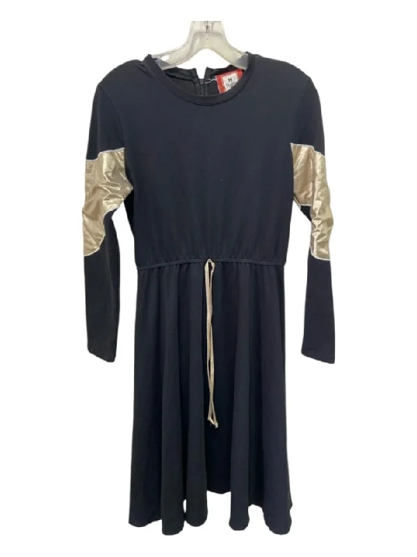 Her Story Size M Black & Gold Cotton Blend Round Neck Back Zip Elbow Patch Dress