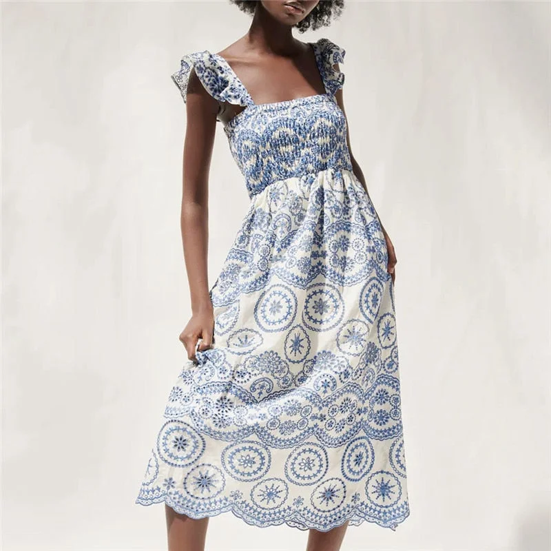 Jastie Retro Eyelet Embroidered Women Dress Ruffle Square Neck Elastic Band Smocked Corset Summer Dresses Long Boho Maix Dress