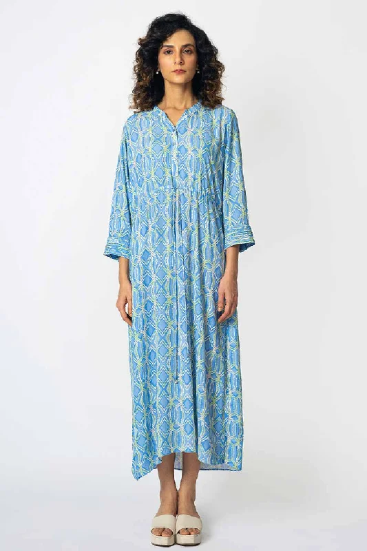 Ice Blue Rhombus Printed Drawstring Dress
