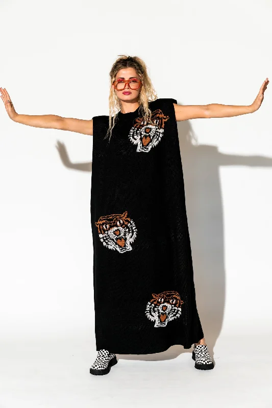 Big Reputation Oversized Knit Maxi Dress in Tigress Classic Black Maxi Dress