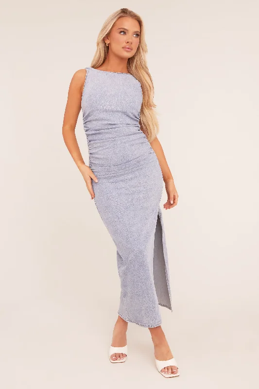 Light Blue Stretch Denim Ruched Side Slit Maxi Dress - Ashleigh Stylish Boho Maxi Dress Light Blue Stretch Denim Ruched Side Slit Maxi Dress - Ashleigh Stylish Boho Maxi Dress
