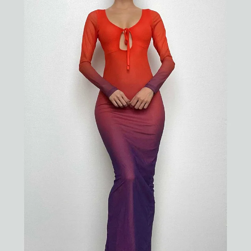 Mesh gradient long sleeve self tie backless slit maxi dress Trendy Floral Print Maxi Dress Mesh gradient long sleeve self tie backless slit maxi dress Trendy Floral Print Maxi Dress