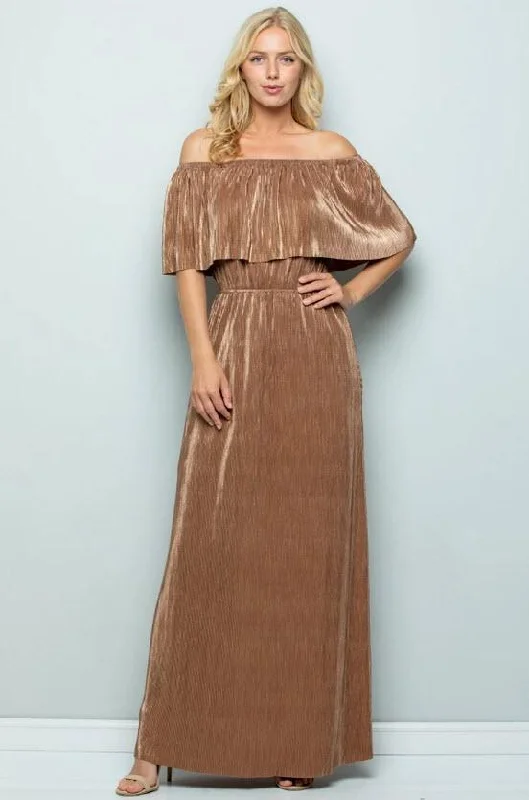 Metallic Ruffle Maxi Dress, Bronze Stylish A-Line Maxi Dress