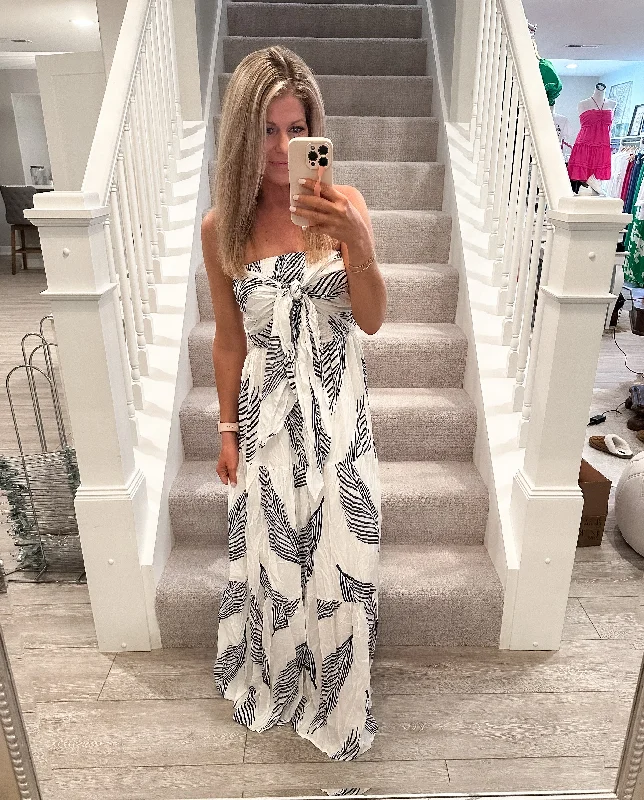 Mykonos Strapless Maxi Dress: White/Navy Comfortable Maxi Dress with Slits
