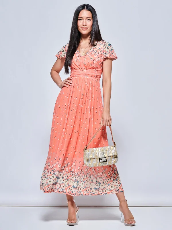Mirrored Floral Print Mesh Maxi Dress, Orange Multi Stylish Long Sleeve Maxi Dress